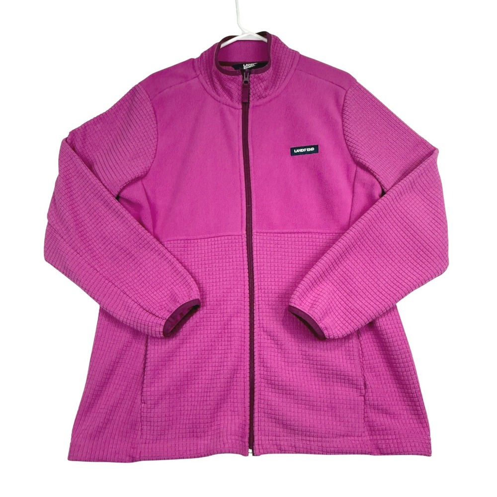Lands End Fleece Jacket Womens Size XL Pink Full Zip Waffle Knit